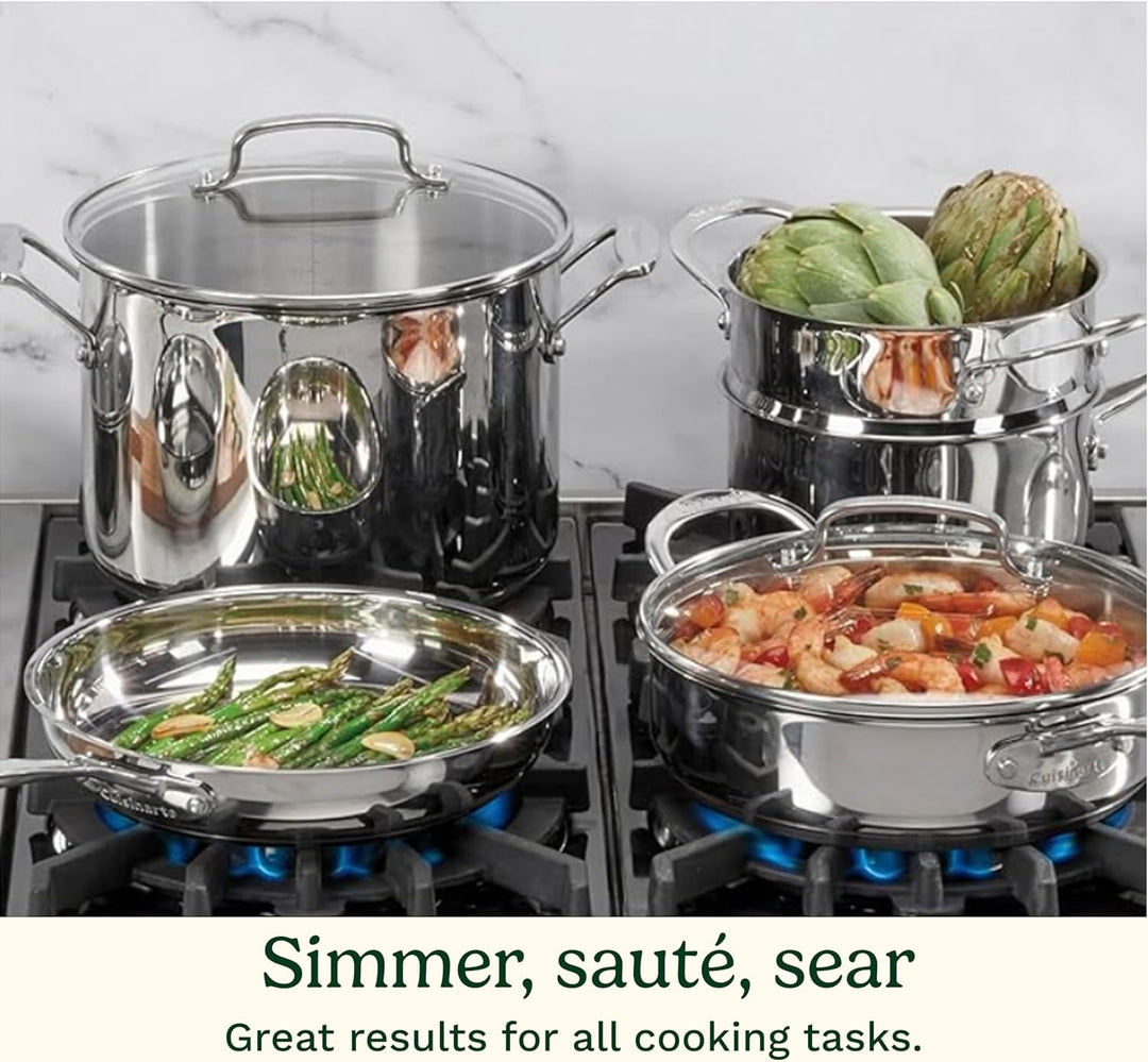11-Piece Stainless Steel Cookware Set with Induction-Compatible Base, Aluminum Core Heat Distribution, Glass Lids, Dishwasher Safe Pots and Pans Set