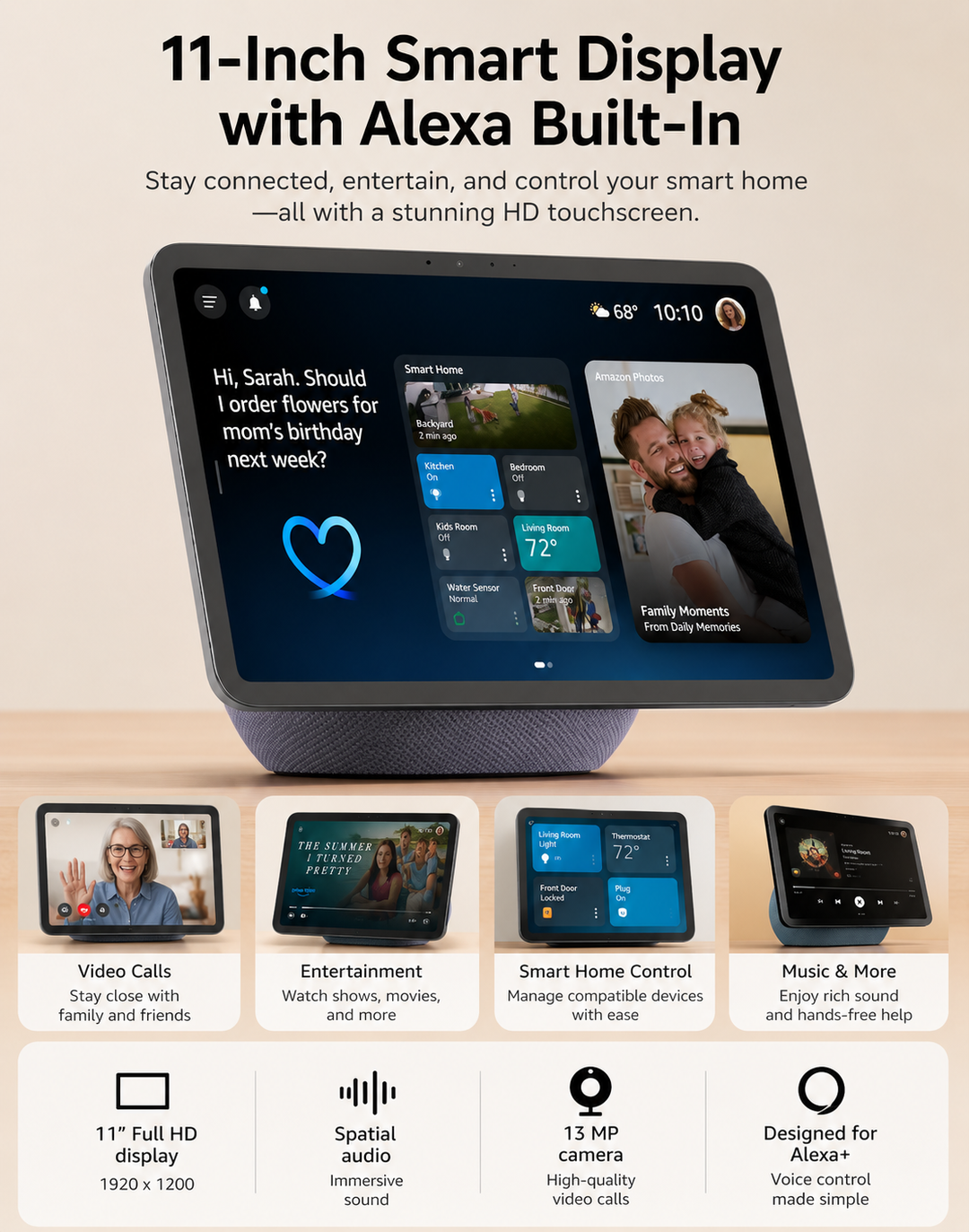 **11-Inch Full HD Smart Display with Spatial Audio, Smart Home Hub, Video Calling Camera, Voice Assistant & Home Automation Control**