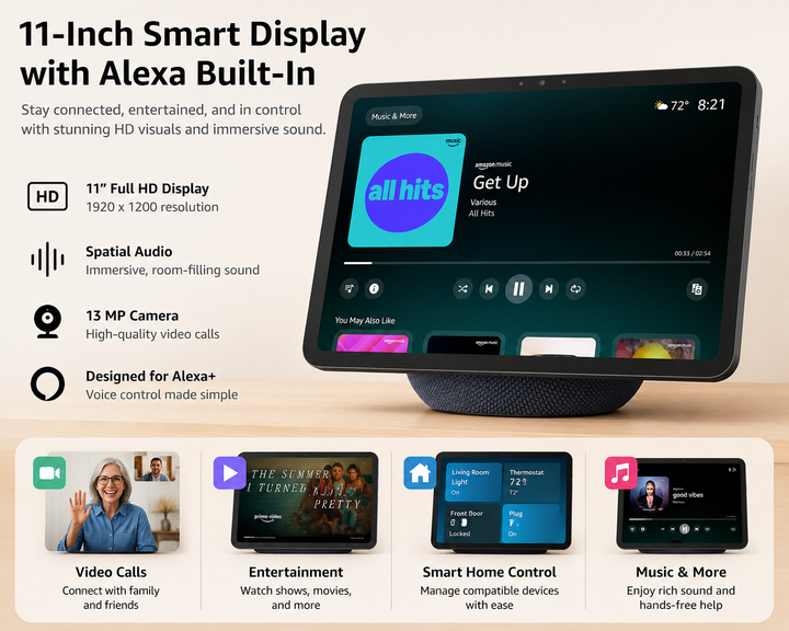 **11-Inch Full HD Smart Display with Spatial Audio, Smart Home Hub, Video Calling Camera, Voice Assistant & Home Automation Control**