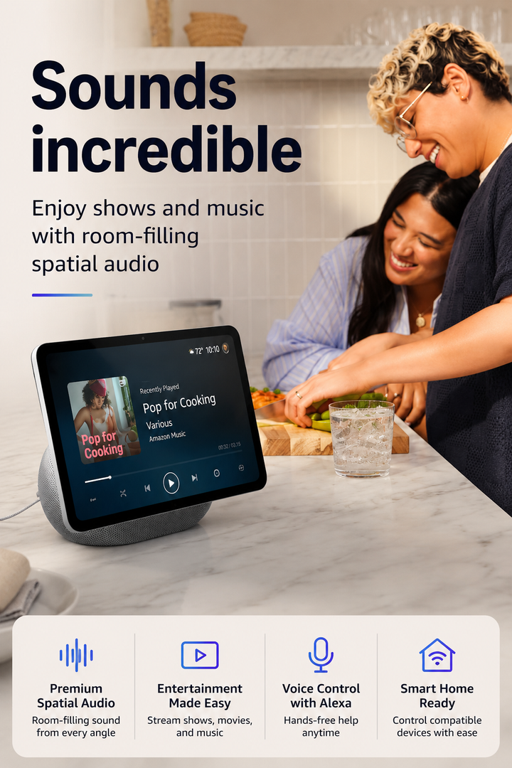 **11-Inch Full HD Smart Display with Spatial Audio, Smart Home Hub, Video Calling Camera, Voice Assistant & Home Automation Control**