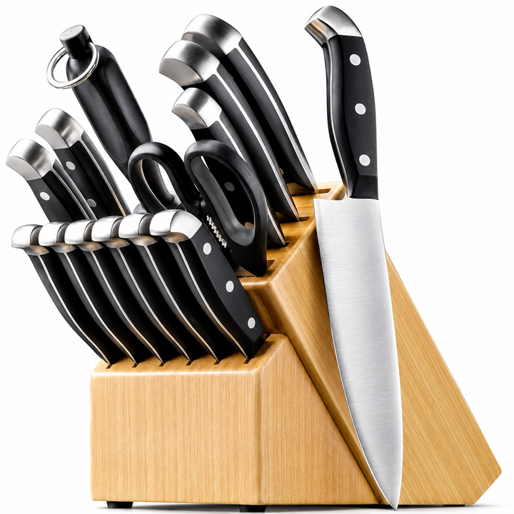 15-Piece Kitchen Knife Block Set with Razor-Sharp Stainless Steel Blades, Wooden Storage Block, Chef Knife, Utility Knives, Steak Knives, Kitchen Shears & Sharpening Steel