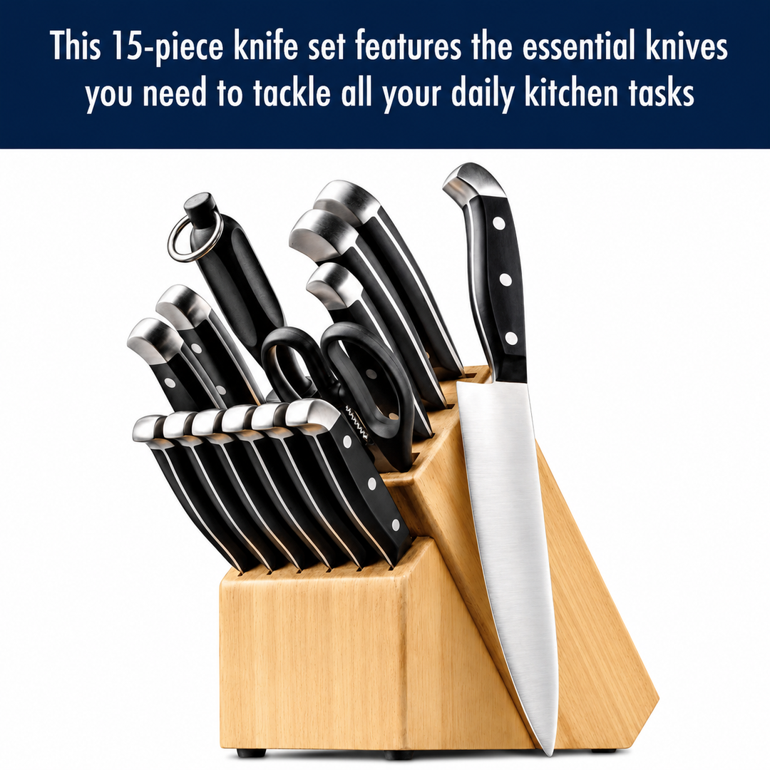 15-Piece Kitchen Knife Block Set with Razor-Sharp Stainless Steel Blades, Wooden Storage Block, Chef Knife, Utility Knives, Steak Knives, Kitchen Shears & Sharpening Steel