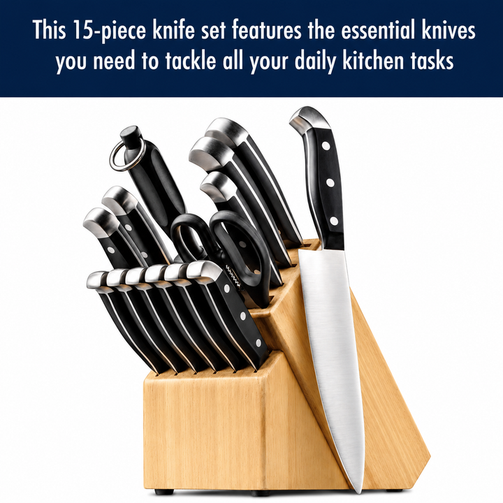 15-Piece Kitchen Knife Block Set with Razor-Sharp Stainless Steel Blades, Wooden Storage Block, Chef Knife, Utility Knives, Steak Knives, Kitchen Shears & Sharpening Steel