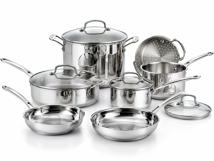 11-Piece Stainless Steel Cookware Set with Induction-Compatible Base, Aluminum Core Heat Distribution, Glass Lids, Dishwasher Safe Pots and Pans Set