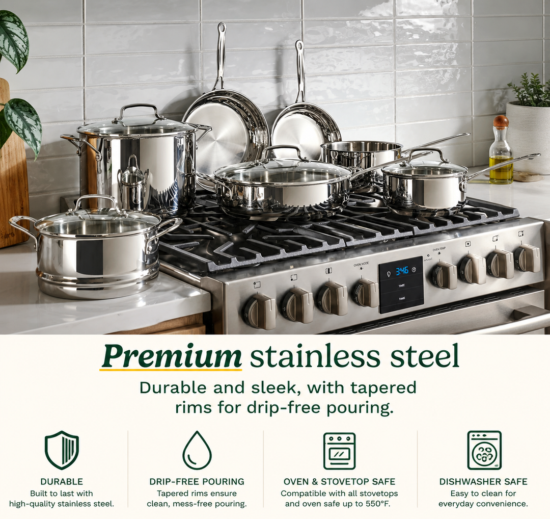 11-Piece Stainless Steel Cookware Set with Induction-Compatible Base, Aluminum Core Heat Distribution, Glass Lids, Dishwasher Safe Pots and Pans Set
