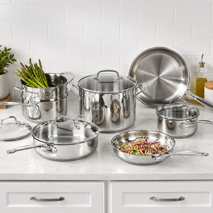 11-Piece Stainless Steel Cookware Set with Induction-Compatible Base, Aluminum Core Heat Distribution, Glass Lids, Dishwasher Safe Pots and Pans Set